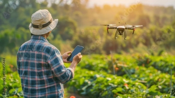 Fototapeta A farmer monitoring the pest control drones progress from his smartphone receiving realtime updates on crop health.