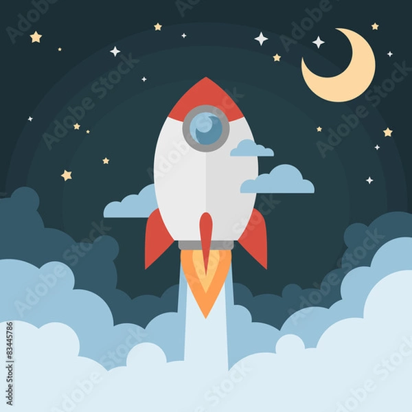 Obraz Cartoon modern flat rocket launch flying in space