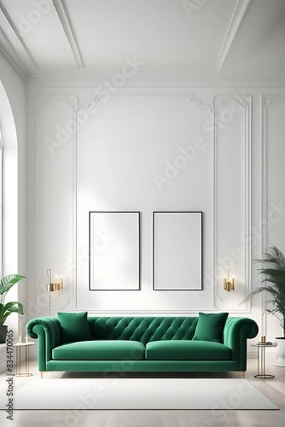 Fototapeta Premium Living Room with White Walls and Emerald Green Sofas. Lounge Furniture and Empty Space for Art or Pictures. Rich Minimal Interior Design. Mockup Luxury Lounge or Reception Office. 3D Render
