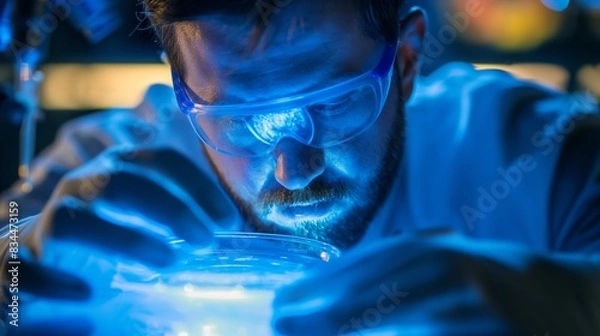 Fototapeta A scientist closely analyzing a petri dish under a microscope, illuminated by blue light to symbolize breakthroughs in biotechnology