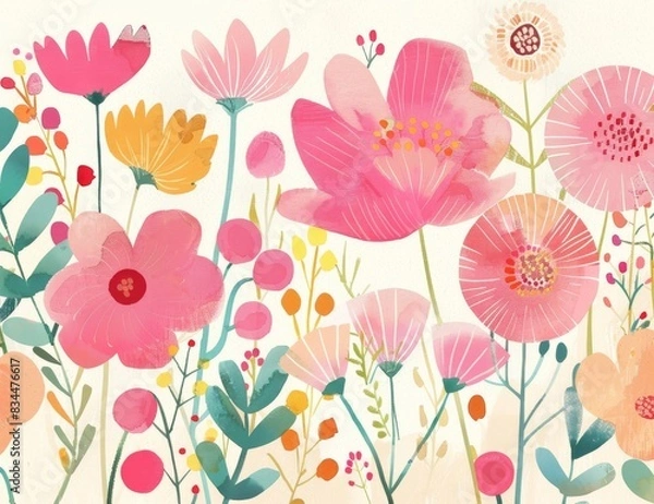 Fototapeta a watercolor illustration of pink, red and yellow flowers, in the style of folk art-inspired illustrations, simplistic designs, animated gifs, felt creations, muted colours
