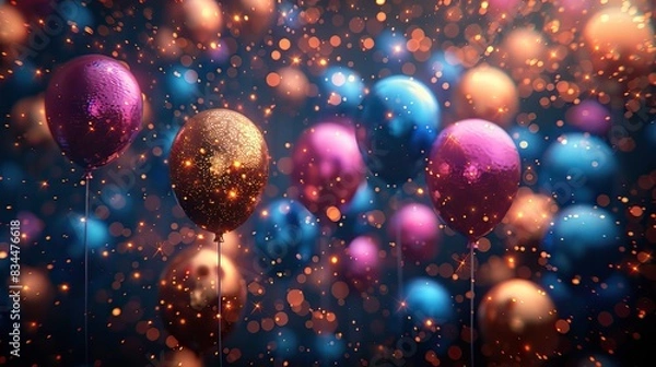 Fototapeta A dazzling background with colorful balloons and stars. - Event decoration background