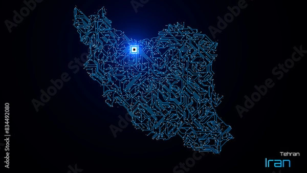 Fototapeta Iran, with its capital city of Tehran, is represented as a microchip with a central processing unit. A technological representation of the country's outline. Black background.