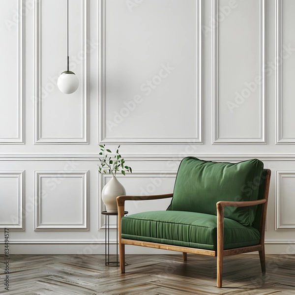 Fototapeta Modern wooden living , Living room interior has an green armchair on empty dark green wall background, room, Light room with sofa and armchair on empty dark green wall background,