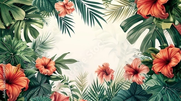 Fototapeta A vibrant tropical background with lush green leaves and bright red hibiscus flowers, creating a beautiful and exotic floral frame perfect for designs.