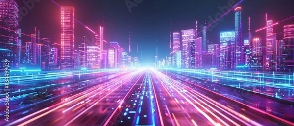 Fototapeta Autonomous vehicle highway in a smart city, digital communication lines, futuristic urban landscape, advanced transportation system, night cityscape