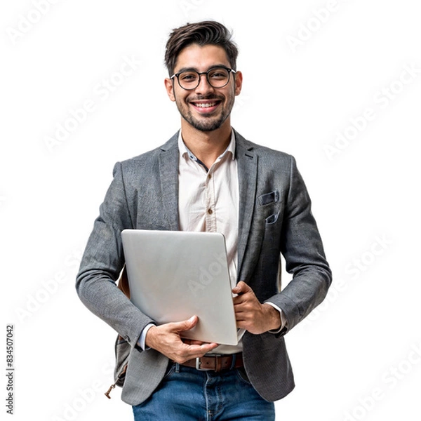 Obraz A young man wearing glasses and a business suit is holding a laptop and smiling,  isolated on white or transparent png background