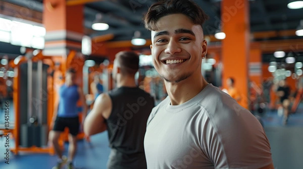 Fototapeta A well-built man smiles for the camera in a gym outfit