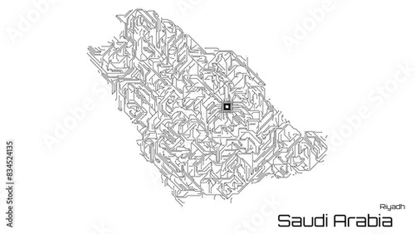 Fototapeta Saudi Arabia, with its capital city of Riyadh, is represented as a microchip with a central processing unit. A technological representation of the country's outline. White background.