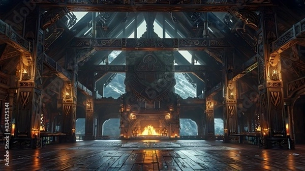 Fototapeta Majestic Ornate Viking Longhouse with Intricate Carved Beams and Roaring Fireplace in Mountainous Landscape