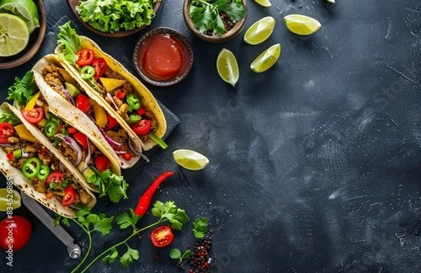 Fototapeta tacos with greenery, chilli pepper and lime on black background, top view