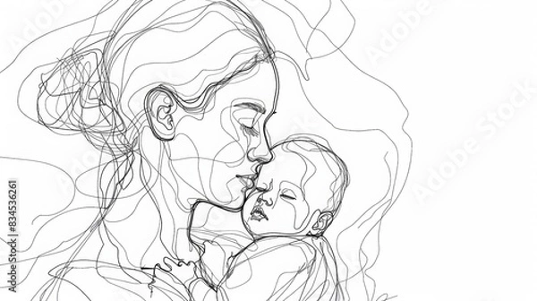 Fototapeta One Line Drawing style, mother holding baby in her arms, white background, simple lines and shapes, no shadows, black line on White Background