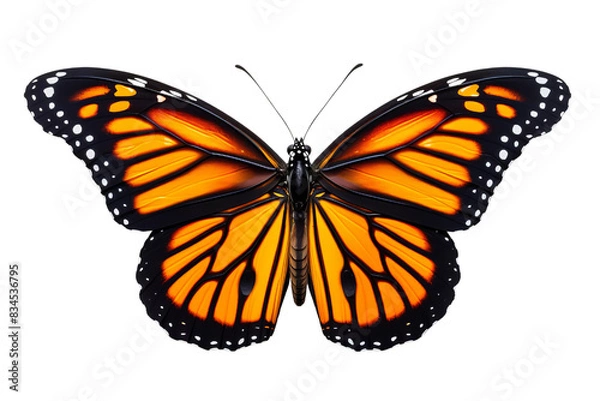 Fototapeta Macro of Monarch butterfly isolated on white background, top view