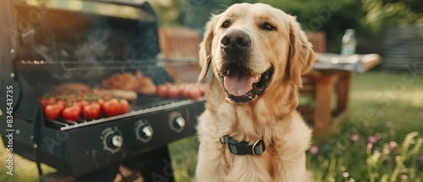 Obraz Happy dog near barbecue grill with sizzling meat and vegetables. Summer backyard BBQ with golden retriever in warm sunlight.