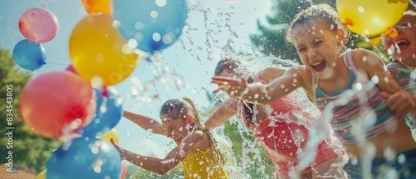 Obraz Joyful kids playing with water balloons on a sunny day, splashing and laughing, celebrating summer fun outdoors with friends.