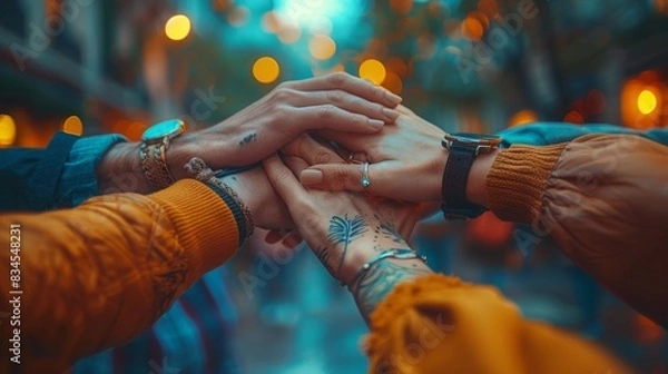 Fototapeta Joined hands in group huddle signify unity and innovation, blurred office backdrop.