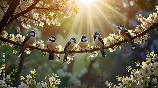 Fototapeta Flock of birds are singing happily on the branches of a tree with spring flower blossoms and sun light , spring season background Generative AI 