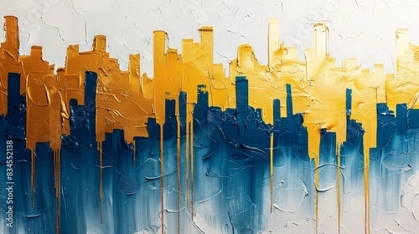 Fototapeta Abstract cityscape with skyscrapers in gold and blue, set against a white and blue background, featuring a dripping paint style for a modern look