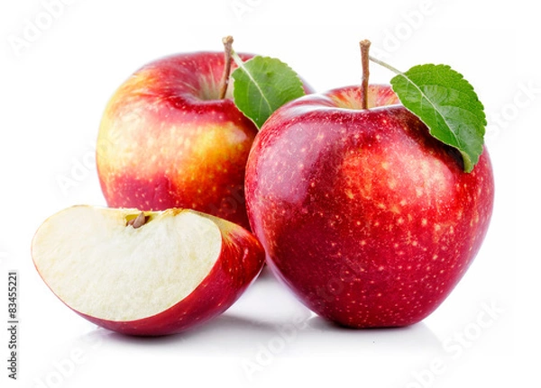 Fototapeta Red apples with leaf and slice isolated on a white