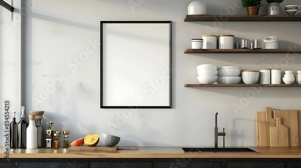 Fototapeta Modern Glossy Frame Mockup on Kitchen Cabinet Shelf - 3D Rendering