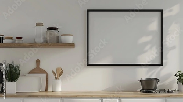 Fototapeta Minimalist Kitchen Cabinet Shelf Mockup with Glossy Black Border Frame on Wall Background - 3D Rendering