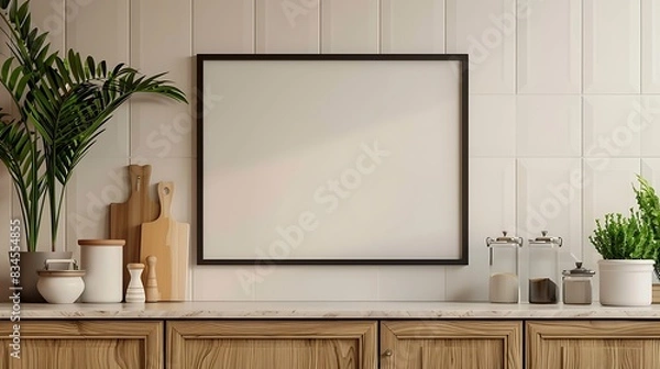 Fototapeta Modern Glossy Black Border Frame Mockup on Kitchen Cabinet Shelf with Wall Background - 3D Rendering