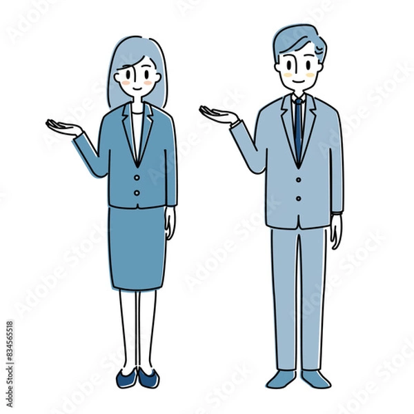 Obraz スーツ姿でご案内ポーズをとる男女のイラスト