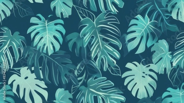 Obraz Minimalist Tropical Leaves Seamless Pattern,Elegant Monstera and Palm Leaf Design in Cool Blue Tones

