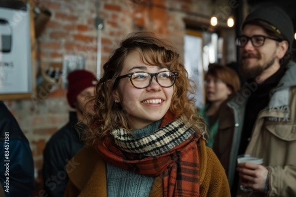 Fototapeta Portrait of a beautiful young woman with glasses and a scarf in a cafe