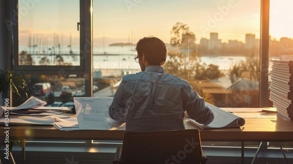 Fototapeta A contemplative man sits at an office desk, looking out towards a harbor bathed in sunset light