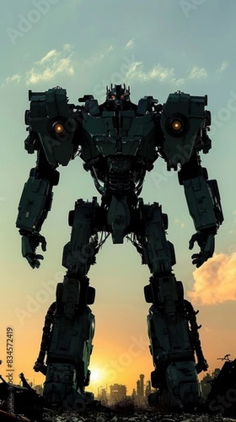 Fototapeta silhouette of a robot transitioning into a beast mode postapocalyptic theme top view in a ruined landscape advanced tone colored pastel