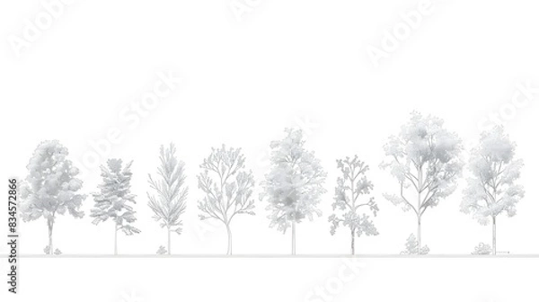 Fototapeta Minimal style cad tree line drawing, Side view, set of graphics trees elements outline symbol for architecture and landscape design drawing. 