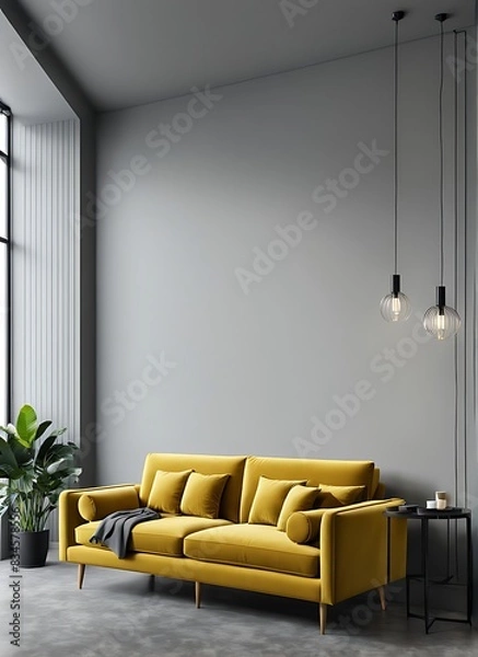 Fototapeta "Living room or reception room with a velvet yellow mustard color sofa. Empty gray wall background for art painted. Modern lounge interior design for office, hotel, or lounge with bright furniture. 3D