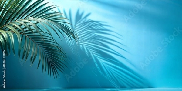 Fototapeta Cool Blue Wall with Palm Shadows Blur: A cool blue wall with soft, blurred palm leaf shadows, creating a refreshing and tranquil background.

