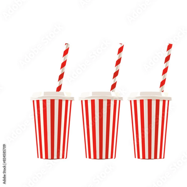 Fototapeta Vector set of red striped paper cups with straws
