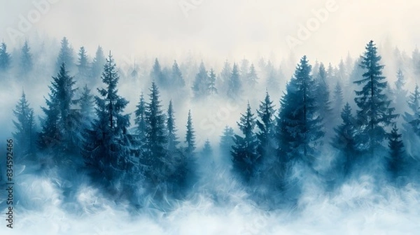 Obraz Winter landscape with mountains and pine trees in blue and gray colours.