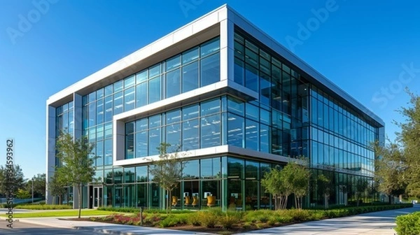 Fototapeta A modern ecofriendly office building featuring energyefficient windows and the latest green tech innovations