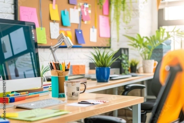 Fototapeta A creative home office space with a large wooden desk, an adjustable office chair, and a computer. The desk is decorated with colorful stationery, a coffee mug, and a plant. The background includes