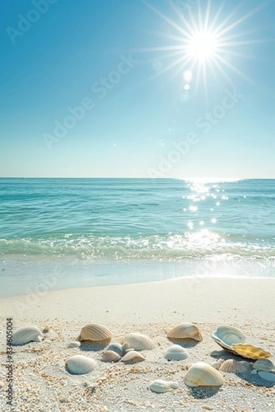 Fototapeta A tranquil beach scene with turquoise water, white sandy shore, and a few scattered seashells. The sun is high in the sky, casting a bright light over the scene.