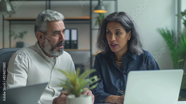 Fototapeta Two busy colleagues working together talking using laptop in the office. Middle age female and  Latin male.  
