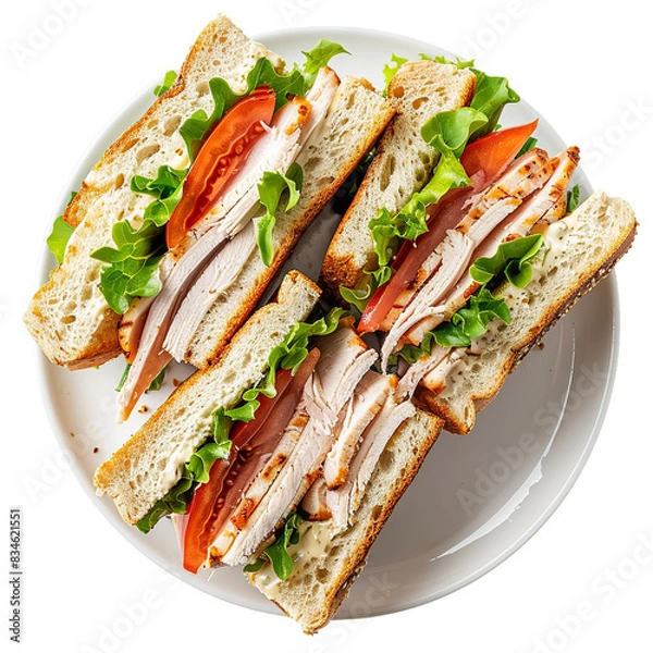 Fototapeta Turkey and tomato sandwiches with lettuce on white bread, top view on white plate


