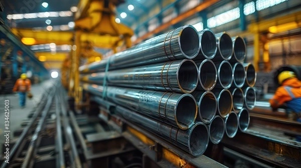 Obraz Gantry crane loading a stack of steel pipes in a metallurgical plant workshop