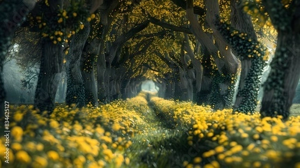 Fototapeta Amazing Tree Tunnel with the ground covered by yellow. The yellow and golden woods of autumn