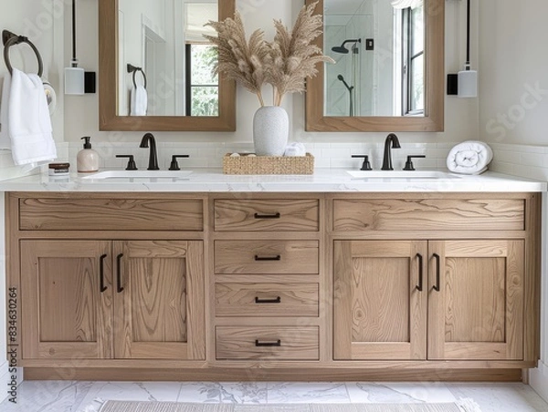Obraz Charming bathroom vanity featuring wooden cabinets, dual sinks with black faucets, decorative vase, and modern fixtures in a bright space.
