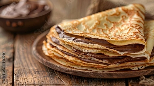 Fototapeta  A stack of crepes on a wooden plate, adjacent to a bowl of ice cream, and a separate bowl of chocolate