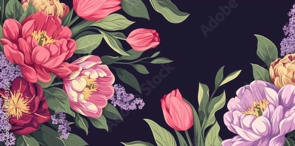 Fototapeta a colorful array of flowers, including purple, pink, yellow, and red blooms, are arranged on a black background alongside green leaves