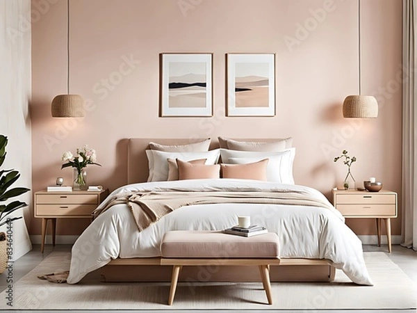 Fototapeta Bedroom with Delicate Peach Fuzz Interior Color Trend 2024, Modern Luxury Apricot Room, Salmon Fabric and Beige Plaster. Home or Hotel Design. 3D Render
