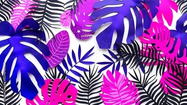 Fototapeta  A group of purple and pink leaves against a white and black-and-white background Pink and purple leaves populate the left side, while a solitary pink and purple leaf graces the