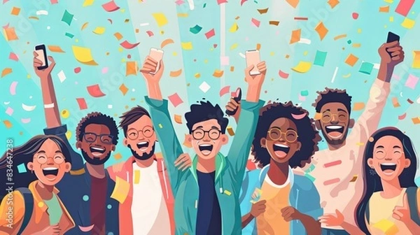 Fototapeta Multicultural Happy People Taking Group Selfie Portrait in Office, Diverse Team Celebrating Together, Showcasing Happy Lifestyle and Teamwork Concepts