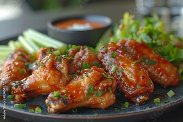 Fototapeta Buffalo Wings - Spicy buffalo wings with a side of celery and blue cheese dressing.